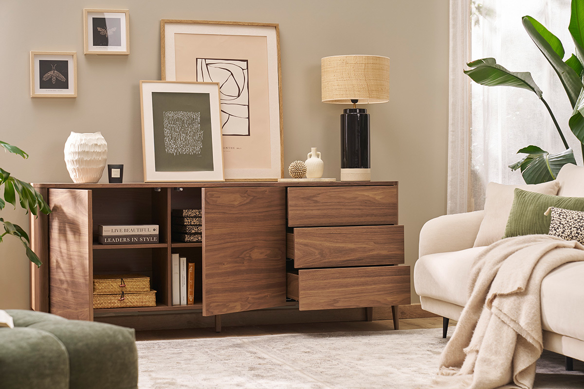 Buffet en bois fonc noyer 2 portes 3 tiroirs 180 cm BENJA