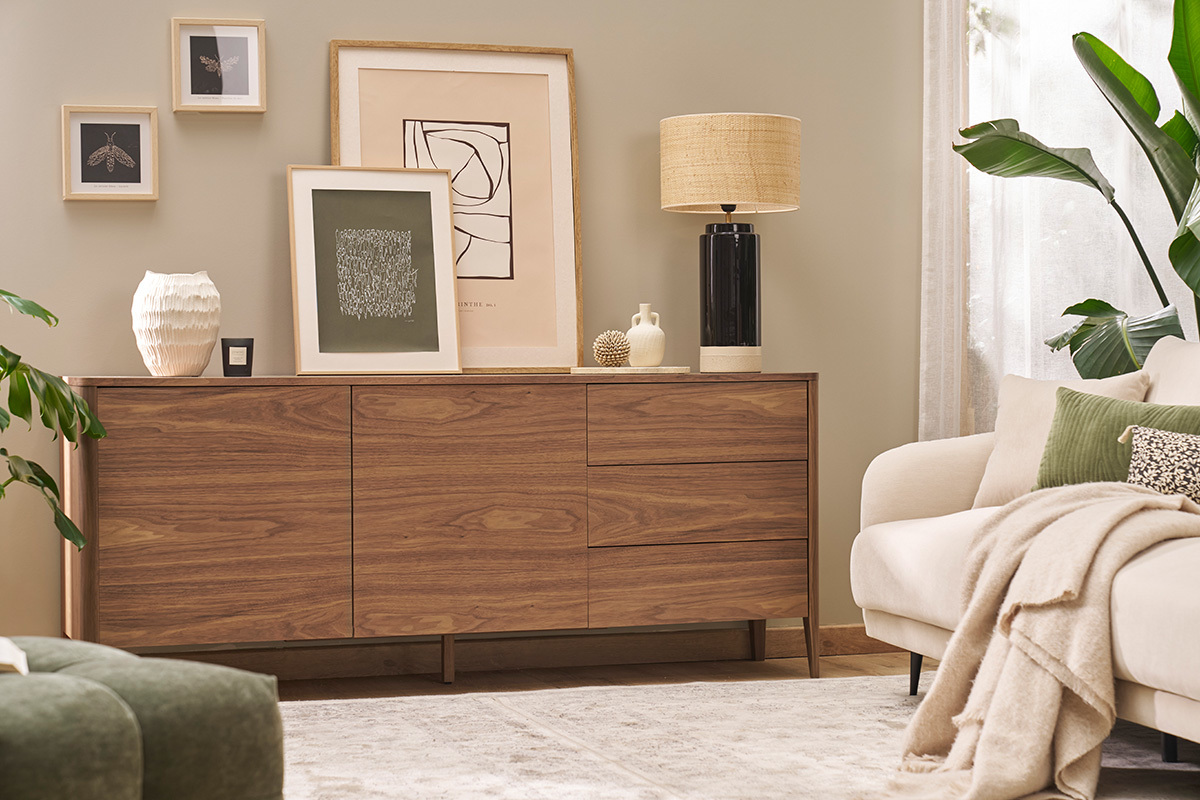 Buffet en bois fonc noyer 2 portes 3 tiroirs 180 cm BENJA