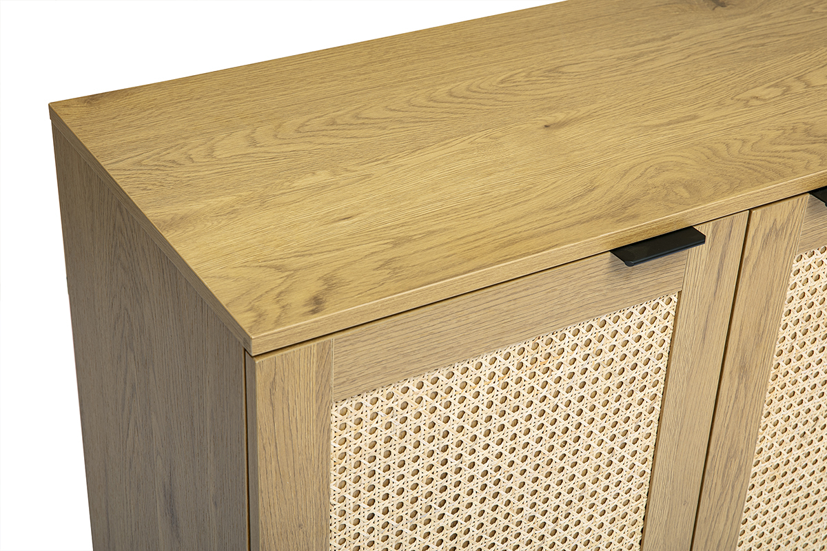 Buffet finition bois clair, cannage en rotin et m�tal noir 2 portes, 3 tiroirs L135 cm MANILLE