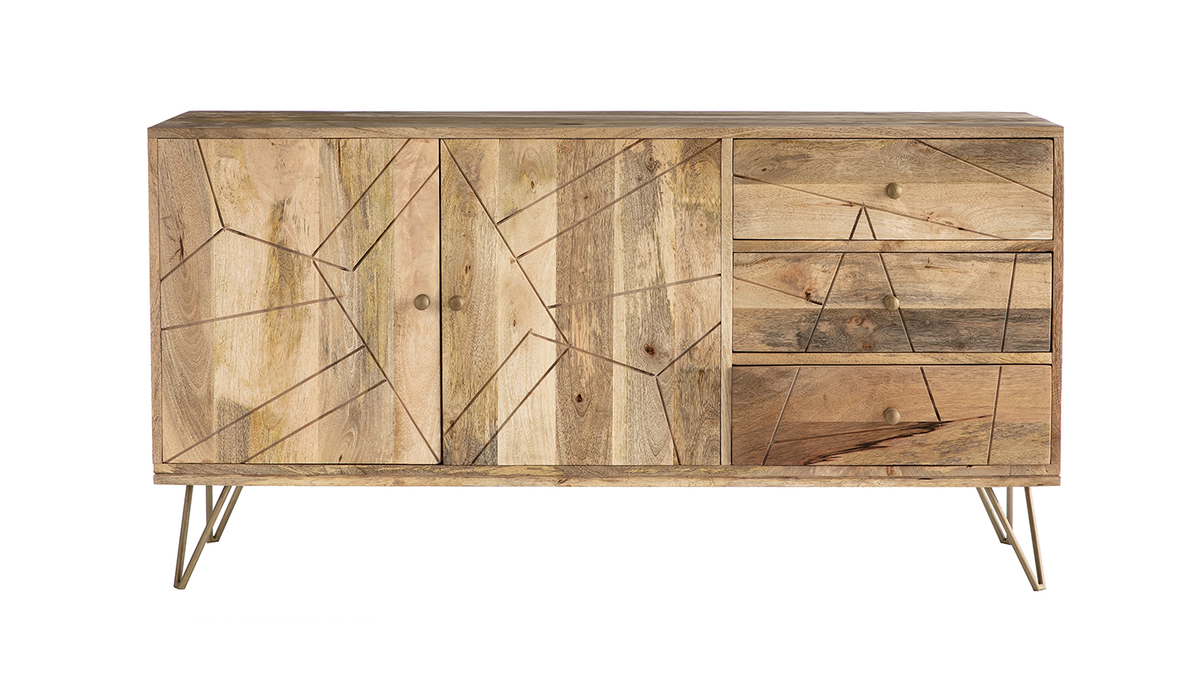 Buffet grav en bois manguier massif et mtal dor 2 portes 3 tiroirs L145 cm LINIUM