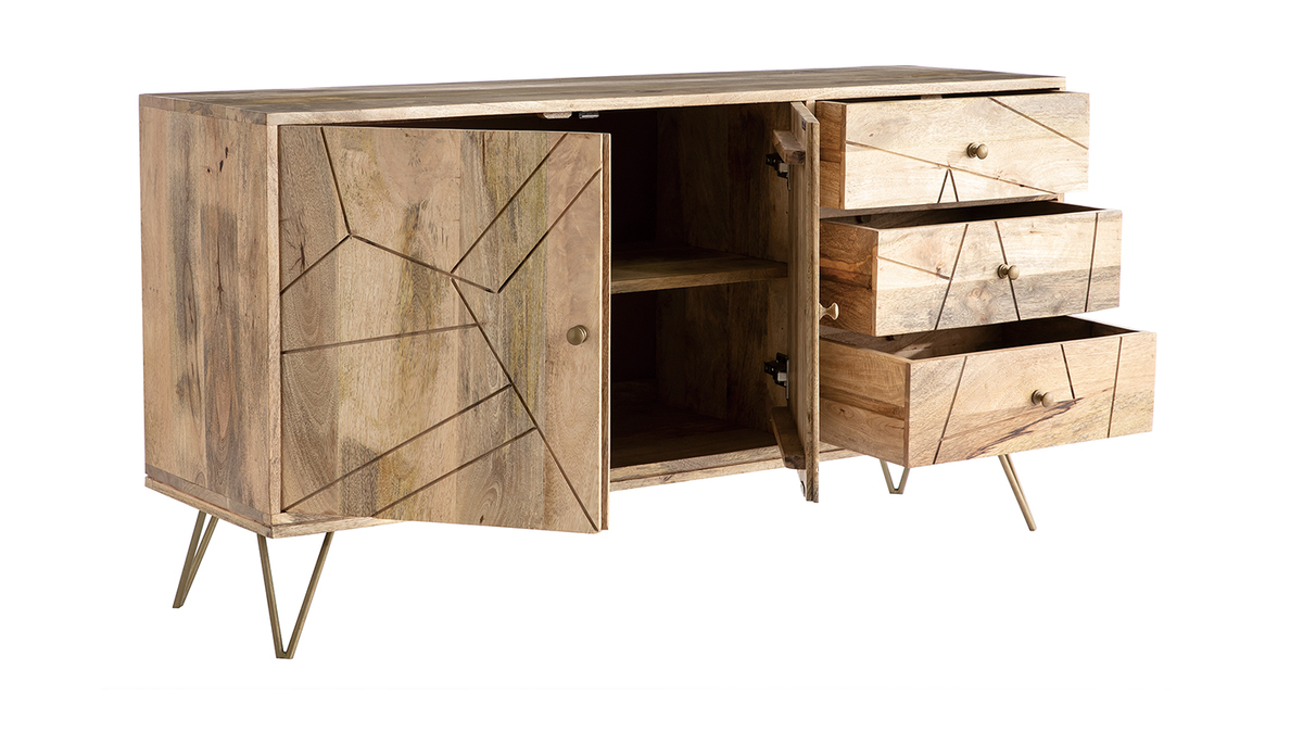 Buffet grav en bois manguier massif et mtal dor 2 portes 3 tiroirs L145 cm LINIUM