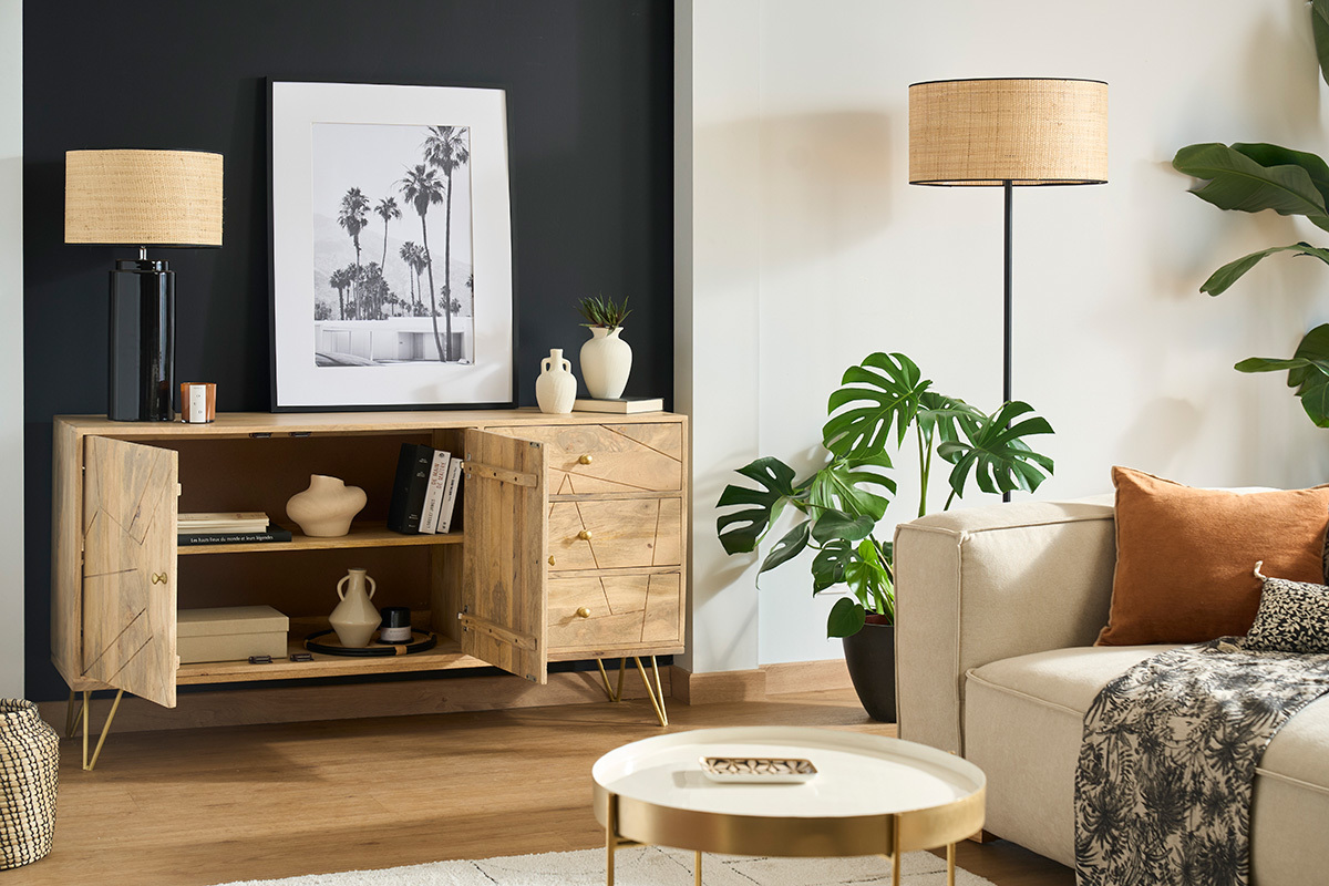 Buffet grav en bois manguier massif et mtal dor 2 portes 3 tiroirs L145 cm LINIUM