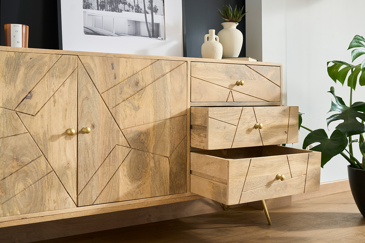 Buffet grav en bois manguier massif et mtal dor 2 portes 3 tiroirs L145 cm LINIUM