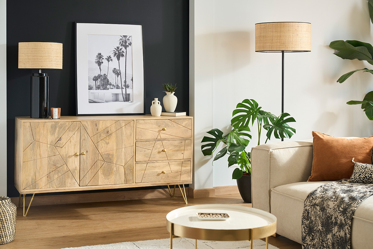 Buffet grav en bois manguier massif et mtal dor 2 portes 3 tiroirs L145 cm LINIUM