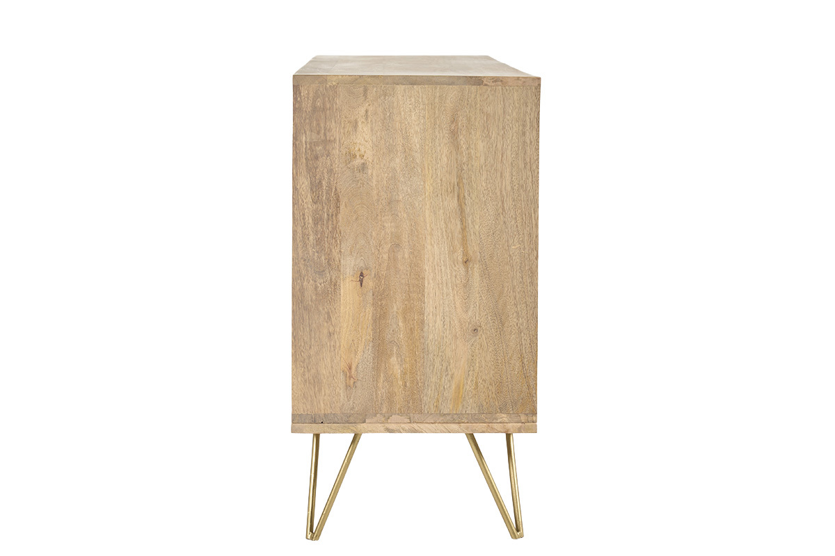 Buffet grav� en bois manguier massif et m�tal dor� 2 portes 3 tiroirs L145 cm LINIUM