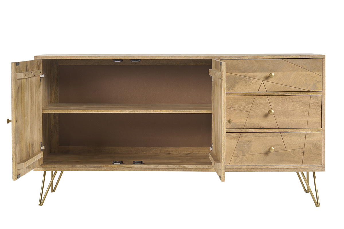 Buffet grav� en bois manguier massif et m�tal dor� 2 portes 3 tiroirs L145 cm LINIUM