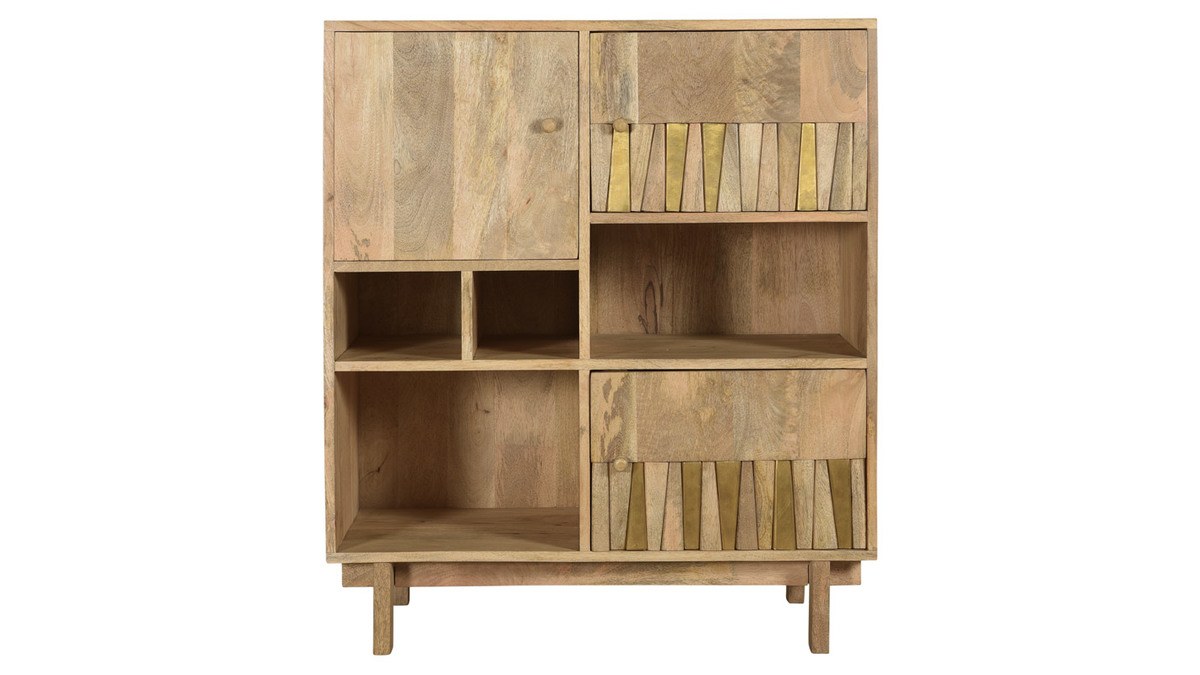 Buffet haut design en bois manguier massif et laiton dor 3 portes L90 cm ZAIKA