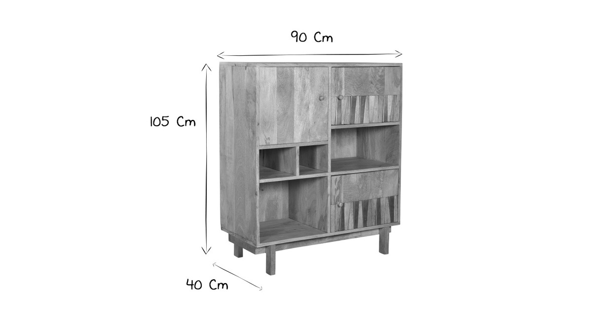 Buffet haut design en bois manguier massif et laiton dor 3 portes L90 cm ZAIKA