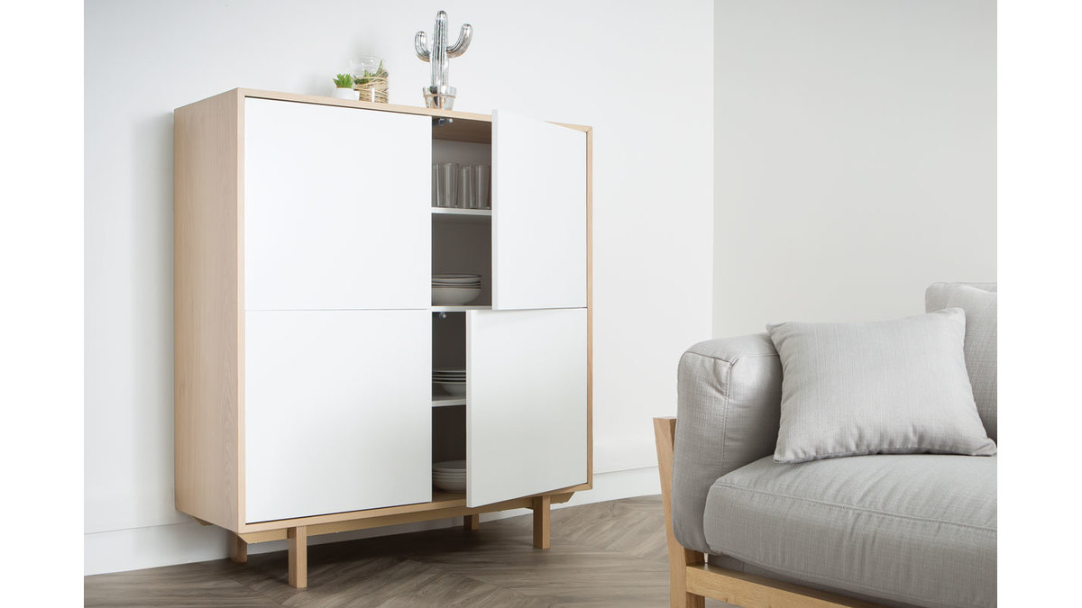 Buffet haut scandinave bois et blanc  4 portes L110 cm SID