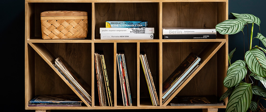 Buffet meuble de rangement bouteilles ou vinyles en manguier massif ISIDRO