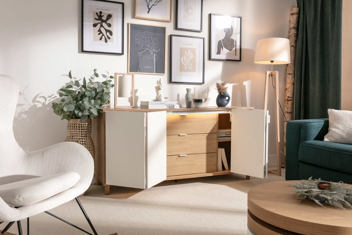 Buffet scandinave blanc 2 portes 3 tiroirs L160 cm VESTA