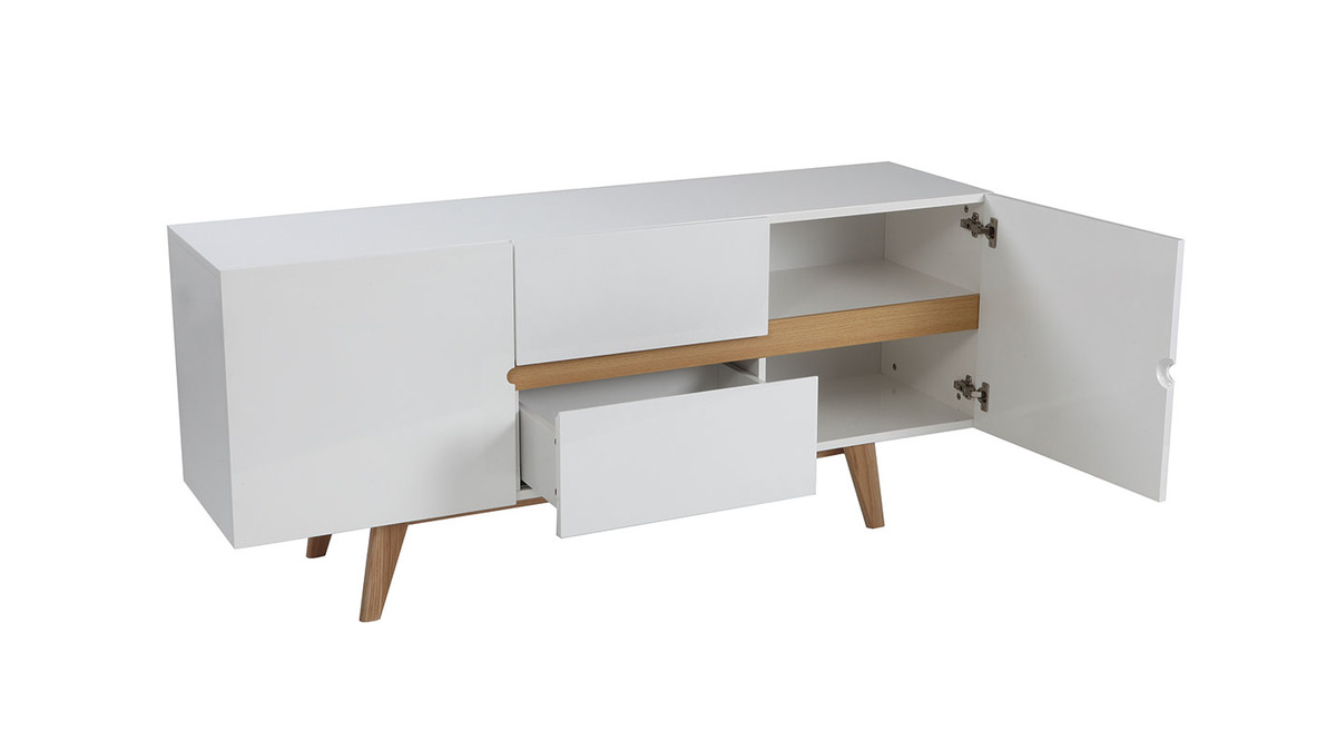 Buffet scandinave blanc brillant et finition bois clair 2 portes 2 tiroirs L160cm MELKA