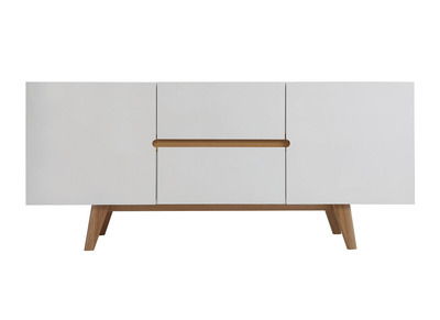 Buffet scandinave blanc brillant et finition bois clair 2 portes 2 tiroirs L160cm MELKA
