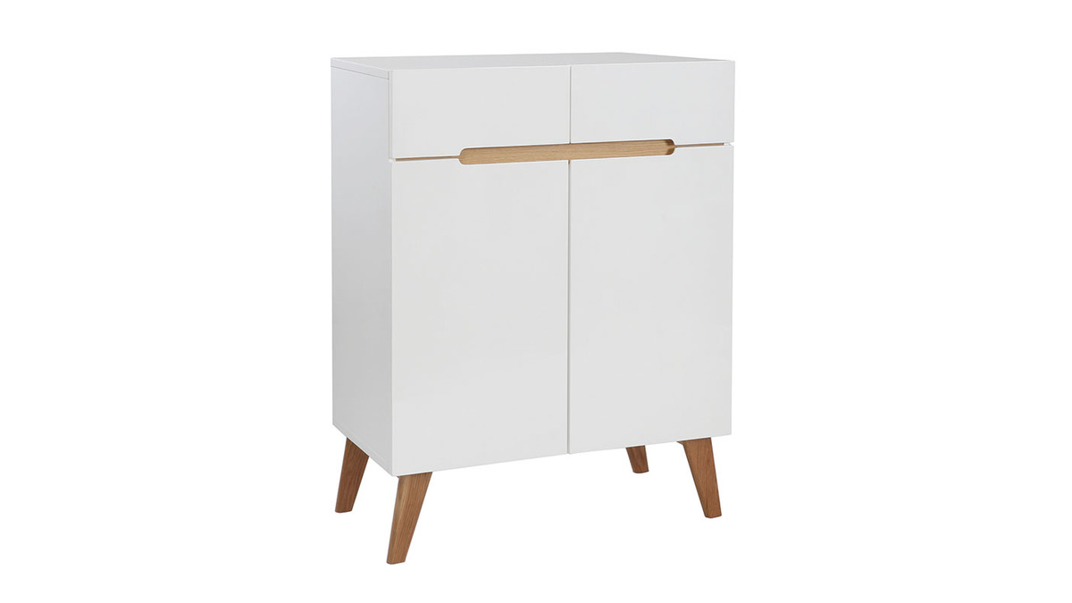 Buffet scandinave blanc brillant et finition bois clair 2 portes 2 tiroirs L80cm MELKA