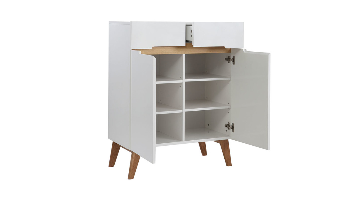 Buffet scandinave blanc brillant et finition bois clair 2 portes 2 tiroirs L80cm MELKA