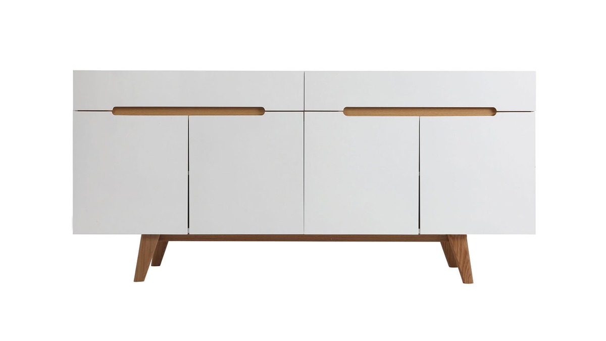 Buffet scandinave blanc brillant et finition bois clair 4 portes 2 tiroirs L180 cm MELKA