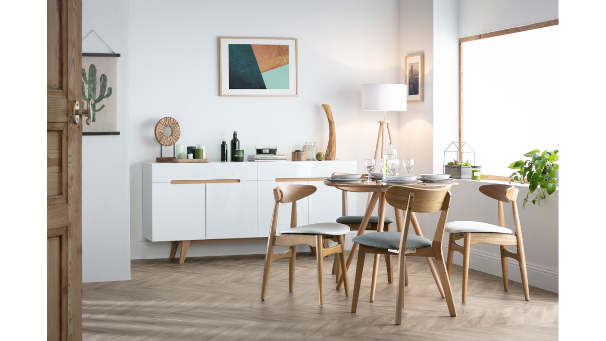 Buffet scandinave blanc brillant et finition bois clair 4 portes 2 tiroirs L180 cm MELKA