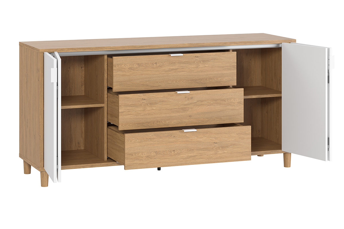 Buffet scandinave blanc et bois 2 portes 3 tiroirs L160 cm VESTA