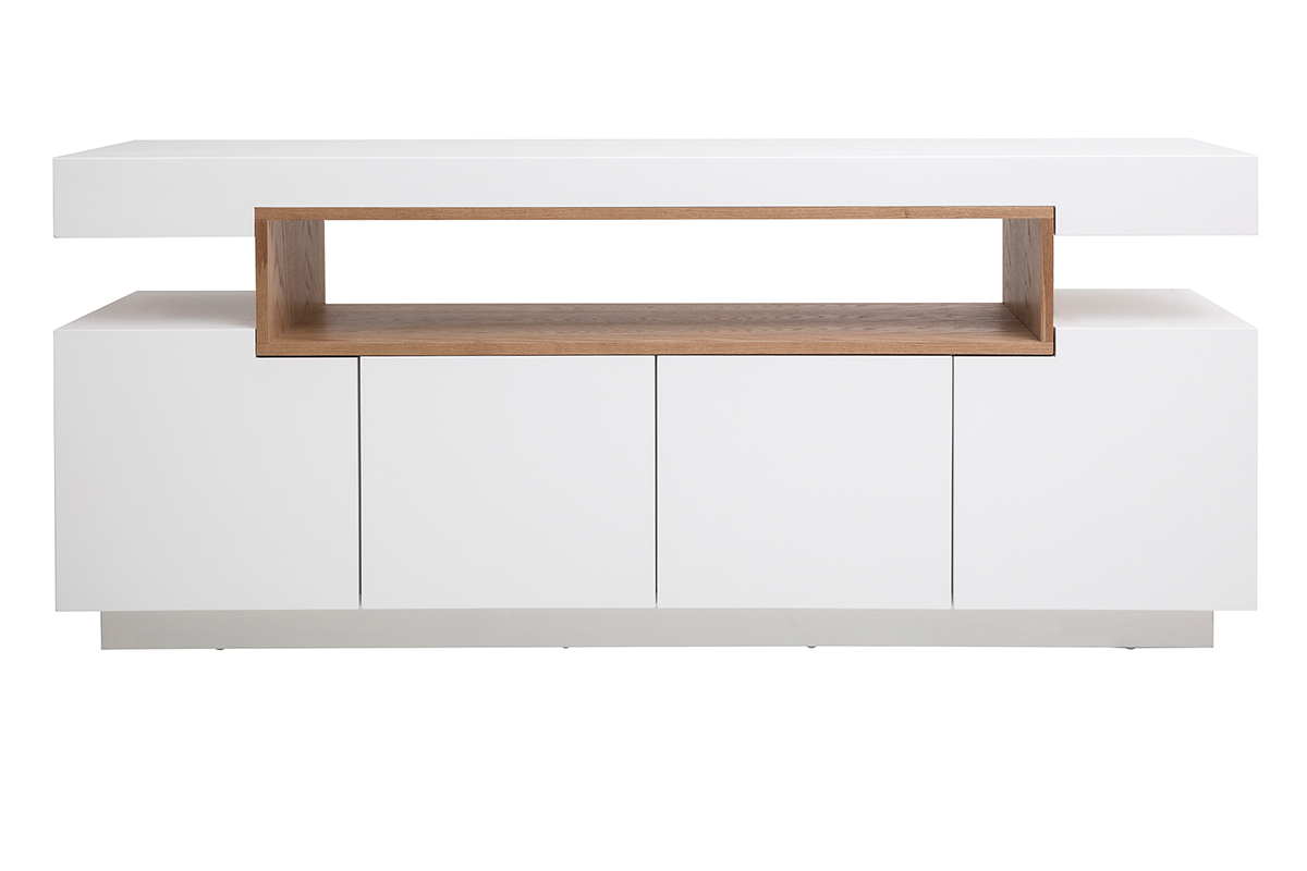 Buffet scandinave blanc laqu� brillant et bois 4 portes L180 cm LIVO