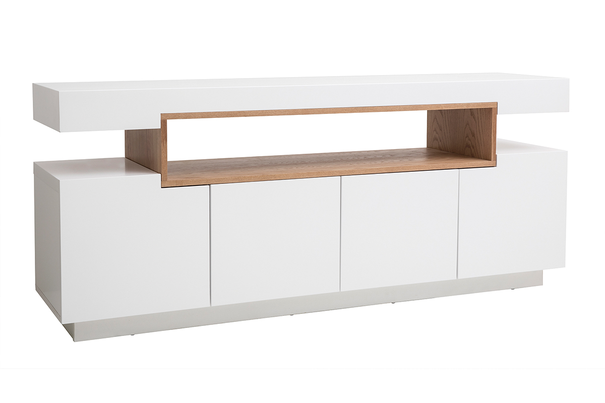 Buffet scandinave blanc laqu� brillant et bois 4 portes L180 cm LIVO