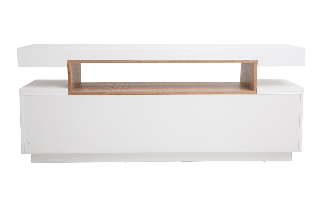 Buffet scandinave blanc laqu� brillant et bois 4 portes L180 cm LIVO