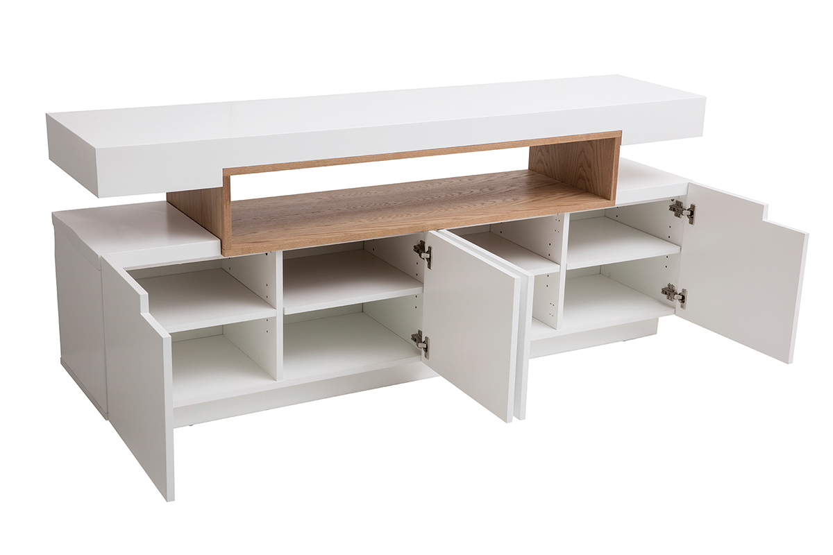 Buffet scandinave blanc laqu� brillant et bois 4 portes L180 cm LIVO