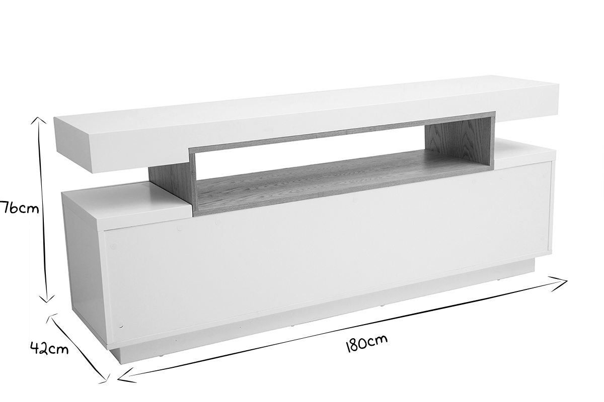 Buffet scandinave blanc laqu� brillant et bois 4 portes L180 cm LIVO