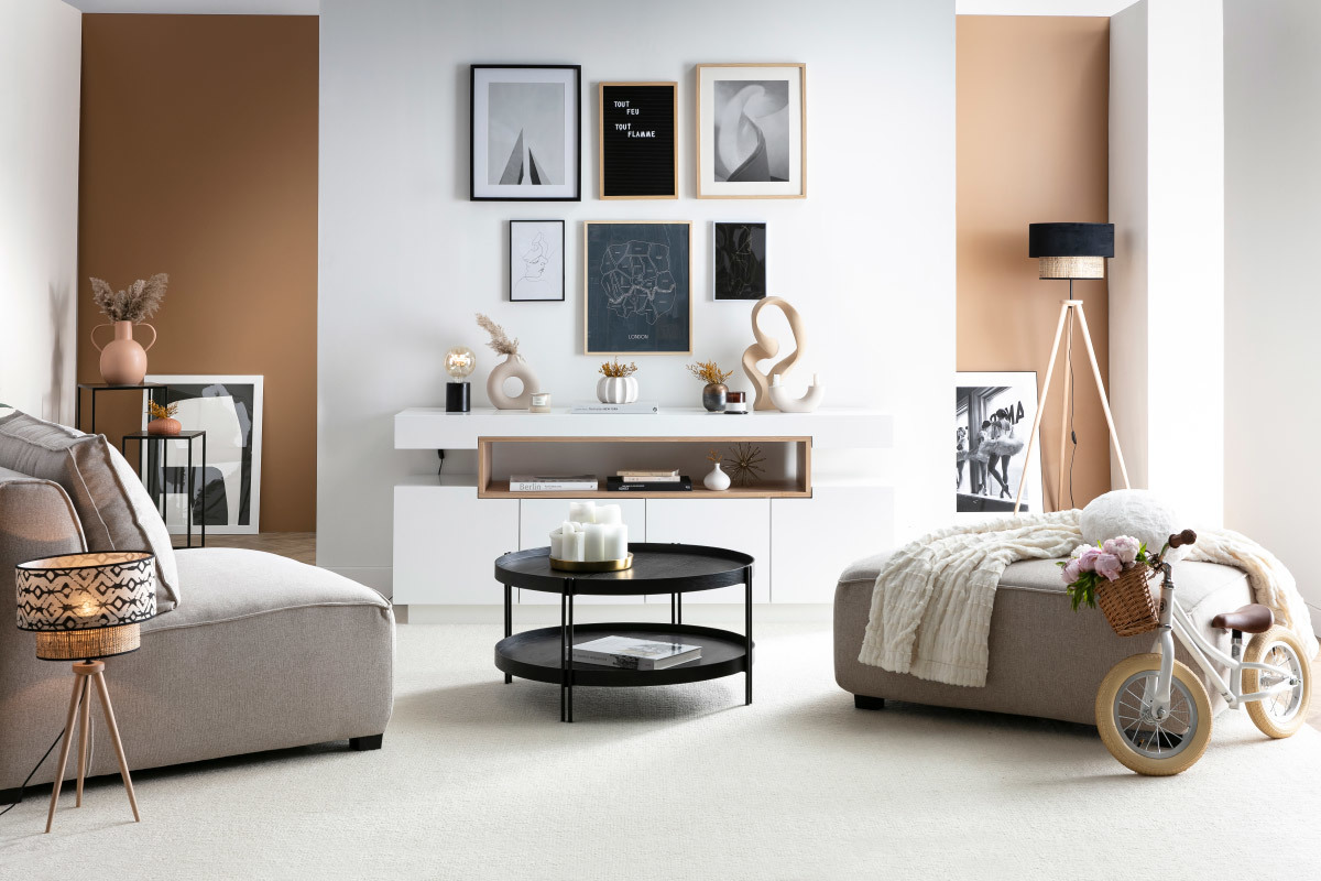 Buffet scandinave blanc laqu� brillant et bois 4 portes L180 cm LIVO