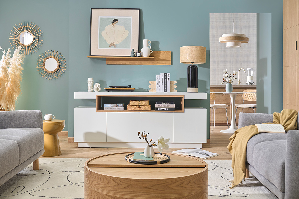 Buffet scandinave blanc laqu� brillant et bois 4 portes L180 cm LIVO