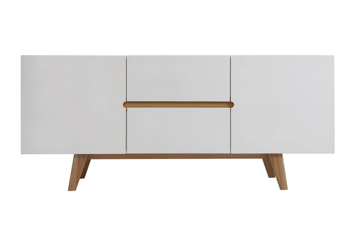 Buffet scandinave blanc laqu� brillant et finition bois clair 2 portes 2 tiroirs L160 cm MELKA