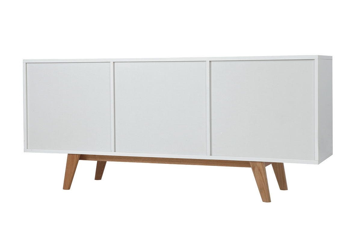 Buffet scandinave blanc laqu� brillant et finition bois clair 2 portes 2 tiroirs L160 cm MELKA