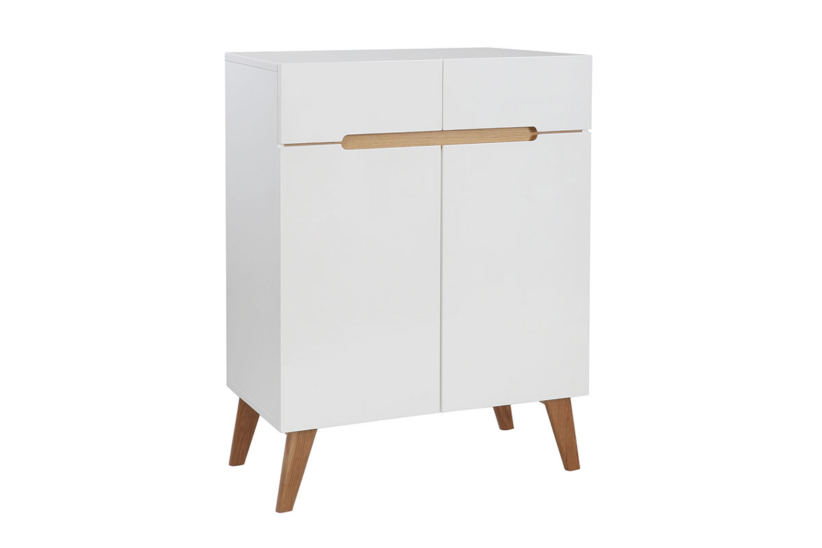 Buffet scandinave blanc laqu� brillant et finition bois clair 2 portes 2 tiroirs L80 cm MELKA