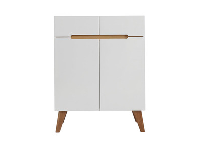 Buffet scandinave blanc laqu&eacute; brillant et finition bois clair 2 portes 2 tiroirs L80 cm MELKA