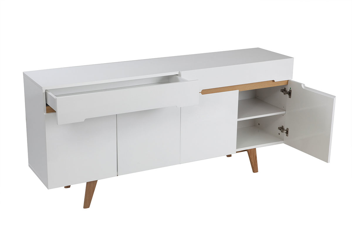 Buffet scandinave blanc laqu� brillant et finition bois clair 4 portes 2 tiroirs L180 cm MELKA