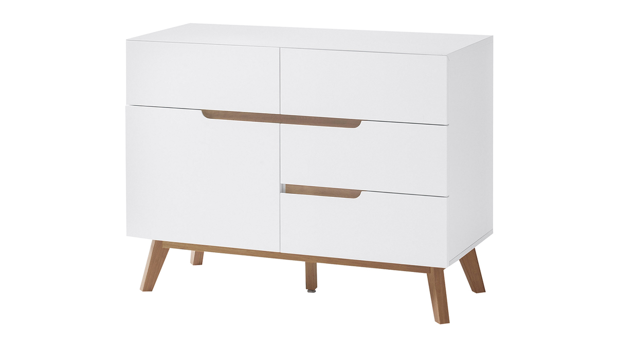 Buffet scandinave blanc mat et bois clair 1 porte 4 tiroirs L97 cm SKIVE