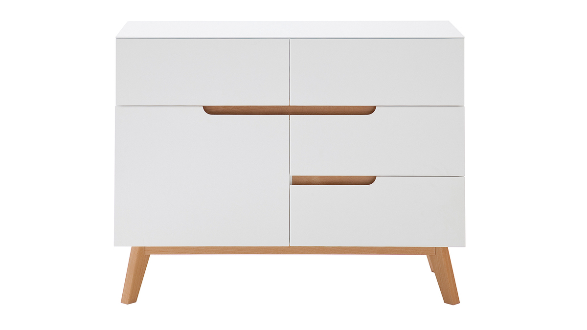 Buffet scandinave blanc mat et bois clair 1 porte 4 tiroirs L97 cm SKIVE