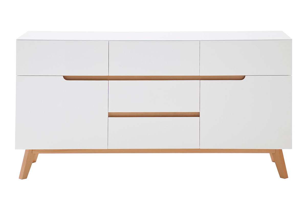 Buffet scandinave blanc mat et bois clair 2 portes 5 tiroirs L145 cm SKIVE