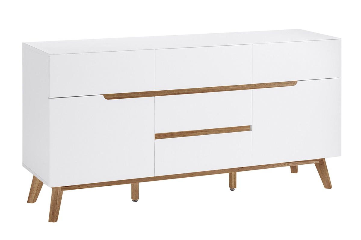 Buffet scandinave blanc mat et bois clair 2 portes 5 tiroirs L145 cm SKIVE