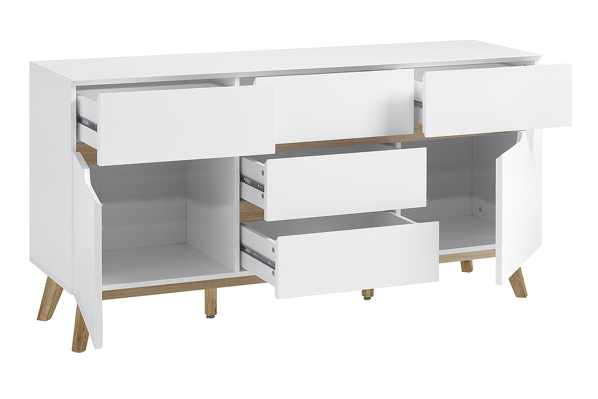 Buffet scandinave blanc mat et bois clair 2 portes 5 tiroirs L145 cm SKIVE