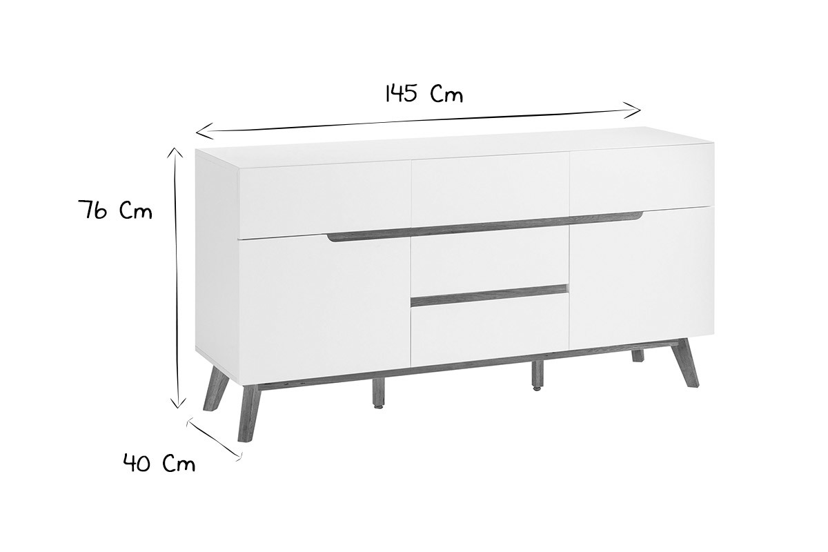 Buffet scandinave blanc mat et bois clair 2 portes 5 tiroirs L145 cm SKIVE