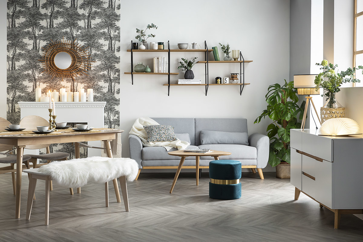Buffet scandinave blanc mat et bois clair 2 portes 5 tiroirs L145 cm SKIVE