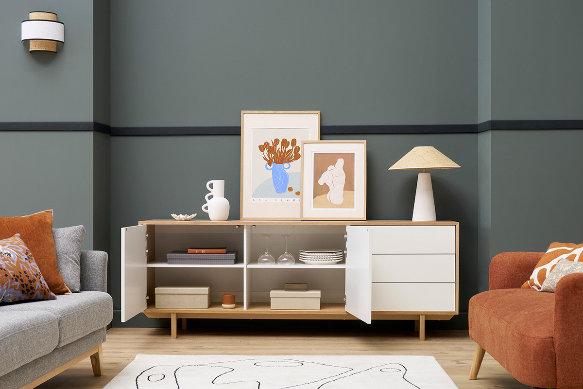 Buffet scandinave bois et blanc 2 portes 3 tiroirs L195 cm SID