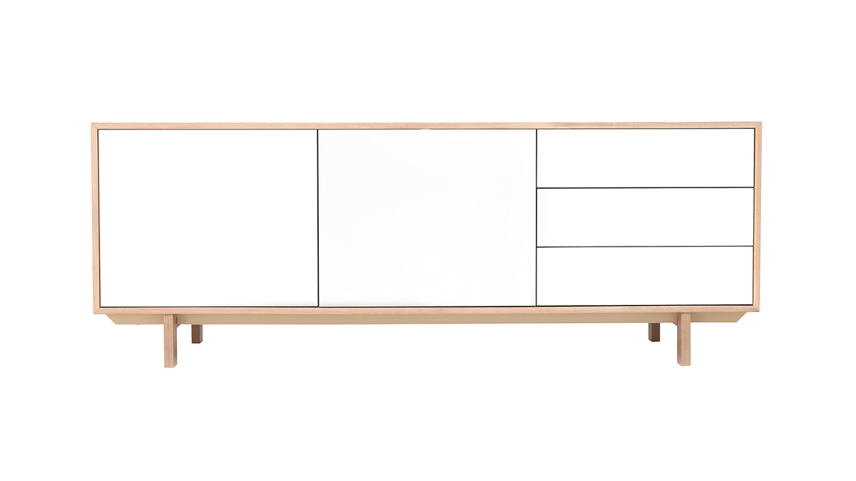 Buffet scandinave bois et blanc 2 portes 3 tiroirs L195cm SID