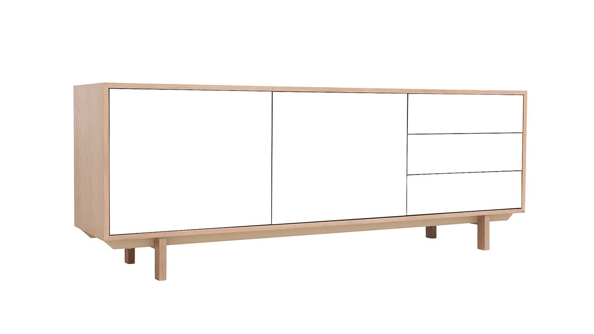 Buffet scandinave bois et blanc 2 portes 3 tiroirs L195cm SID