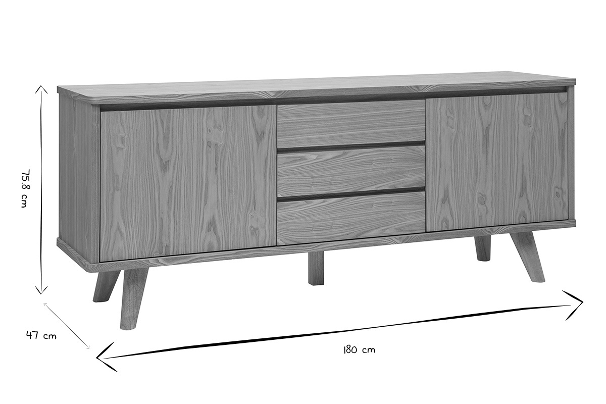 Buffet scandinave en bois clair fr�ne 2 portes 3 tiroirs L180 cm FIFTIES