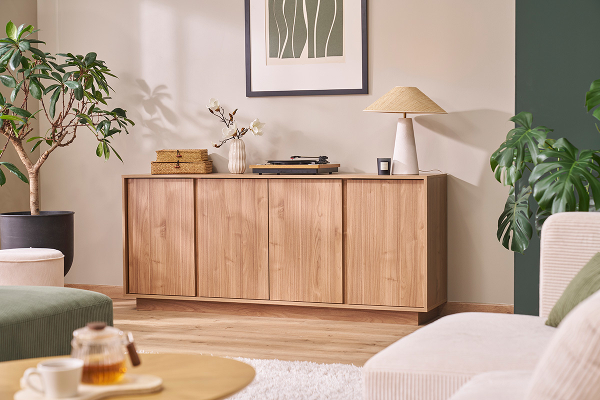 Buffet scandinave finition bois chne 4 portes L180 cm COMO