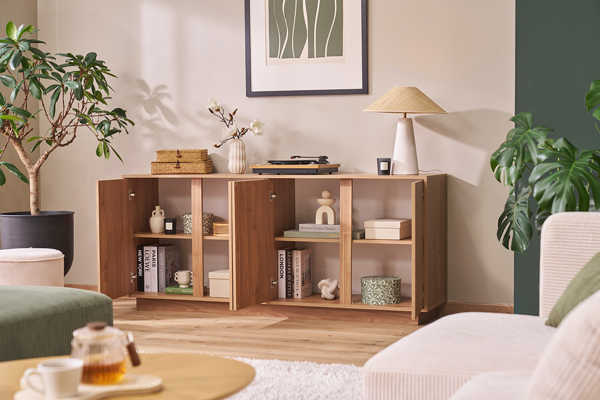 Buffet scandinave finition bois chne 4 portes L180 cm COMO