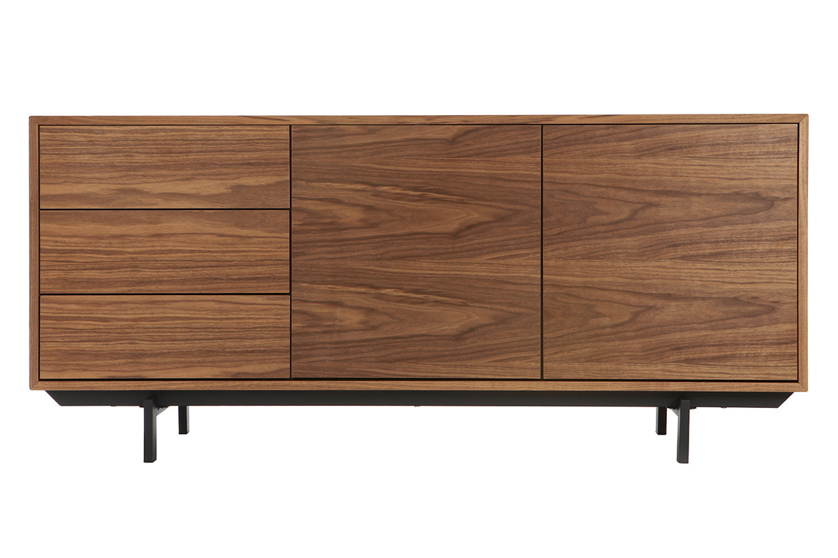 Buffet vintage en bois fonc noyer 2 portes 3 tiroirs L160 cm MANNY