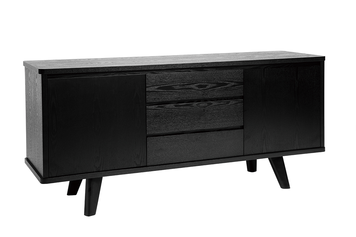 Buffet vintage noir 2 portes 3 tiroirs L160 cm FIFTIES