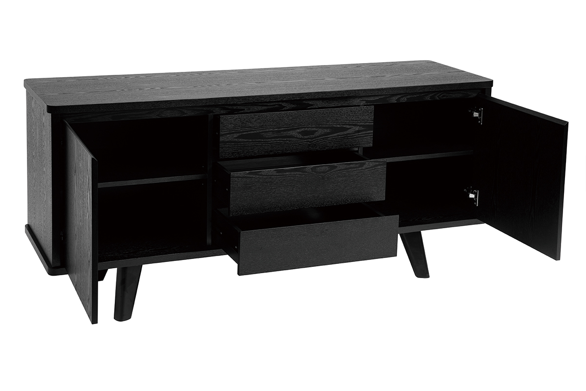 Buffet vintage noir 2 portes 3 tiroirs L160 cm FIFTIES